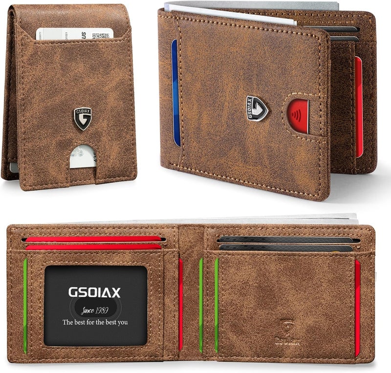 GSOIAX Slim Wallet for Men RFID Blocking Bifold Wallet Carbon Fiber Front Pocket Wallet with 11 Card Holder Minimalist Mens Wallet with Gift Box (Leather Brown) - Image 1